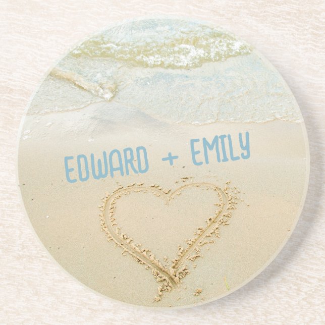 Your Names Sandy Beach Heart Coaster (Front)