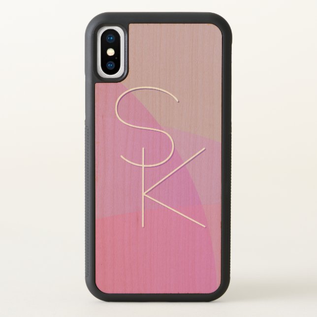 Your Overlapping Initials | Modern Pink Geometric Carved Wood iPhone Case (Back)