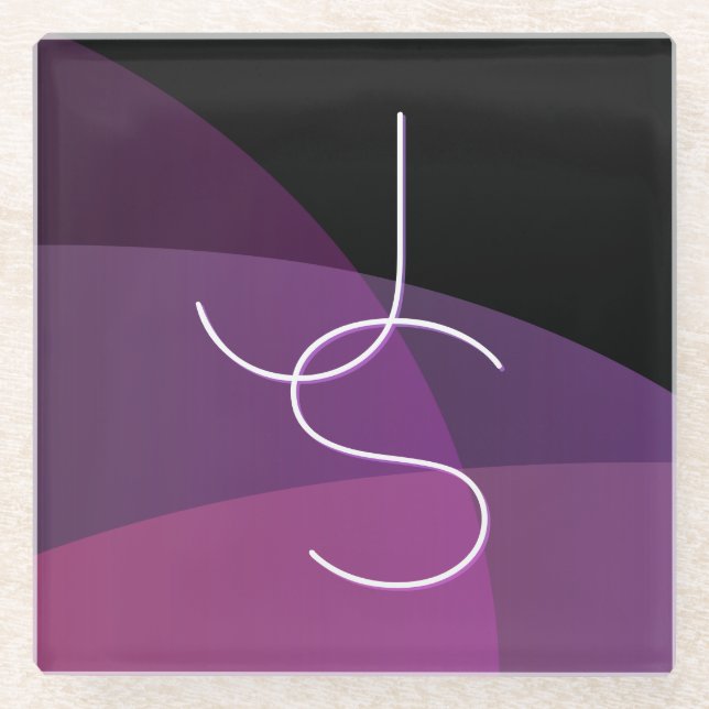 Your Overlapping Initials | Modern Purple & Pink Glass Coaster (Front)