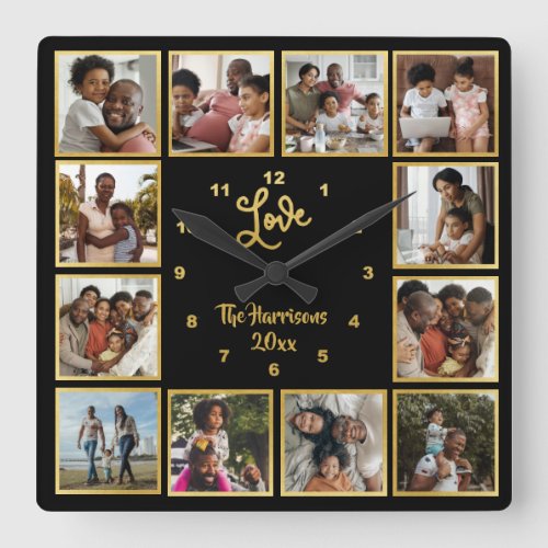 Your Own 12 Photo Collage Love Gold Black Square Wall Clock