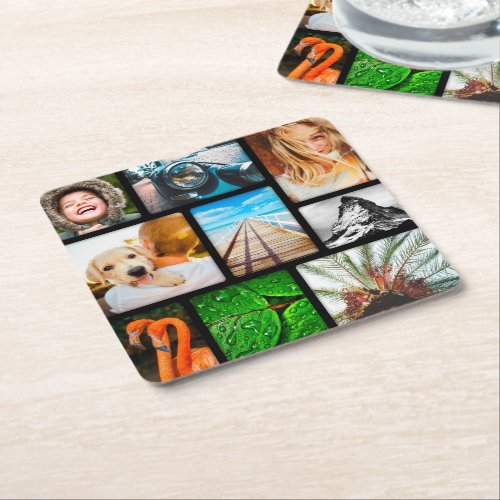 Your Own 9 Photo Collage Framed Black Square Paper Coaster