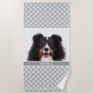 Your Own Custom Photo With Name &amp; Paws On Gray Beach Towel