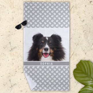 Your Own Custom Photo With Name &amp; Paws On Gray Beach Towel