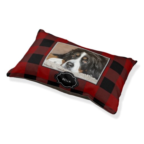 Your own dog photo red buffalo plaid monogram pet bed