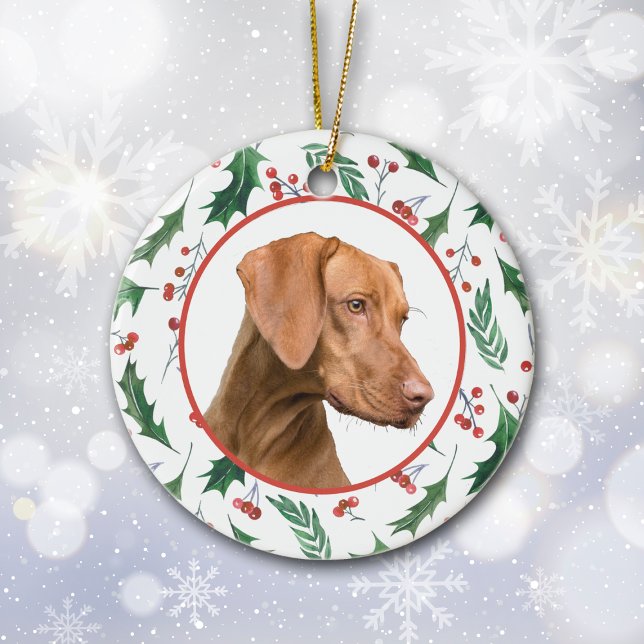 Your Own Dog Photo Template Red Berry Holly Border Ceramic Ornament (Creator Uploaded)