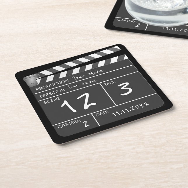 Your Own Personalized Custom Movie Clapperboard Square Paper Coaster (Angled)