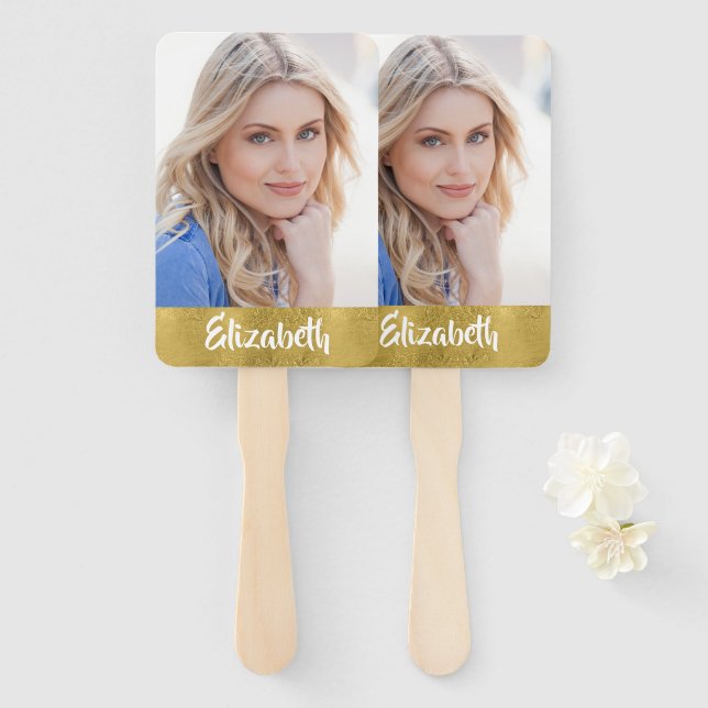 Your Own Photo Gold Monogram Graduation Hand Fan (Front and Back)