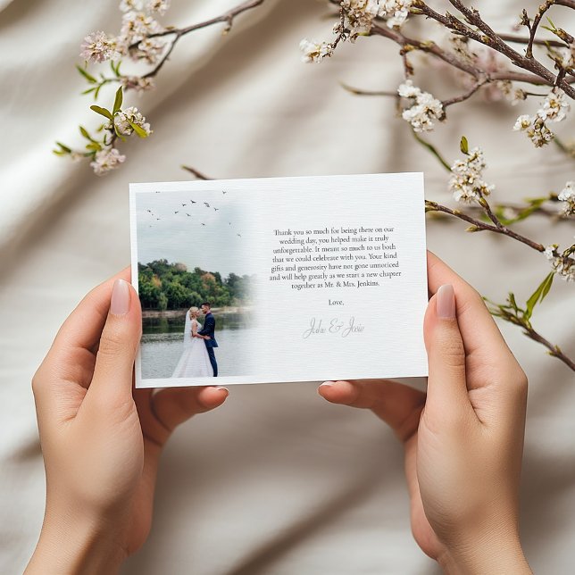 Your own photo, gradient, thank you card (Faded white we gradient wedding photo thank you card)