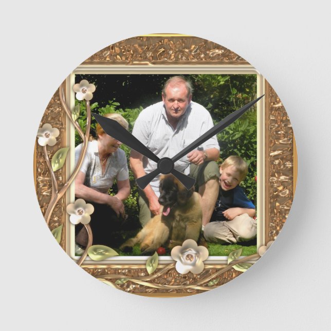 Your own photo in a Golden Flowers Frame! - Round Clock (Front)