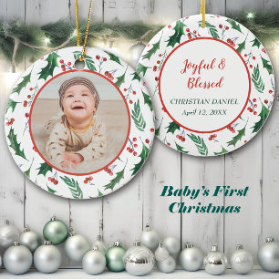 Your Own Photo Template Red Berry Holly Border Ceramic Ornament
