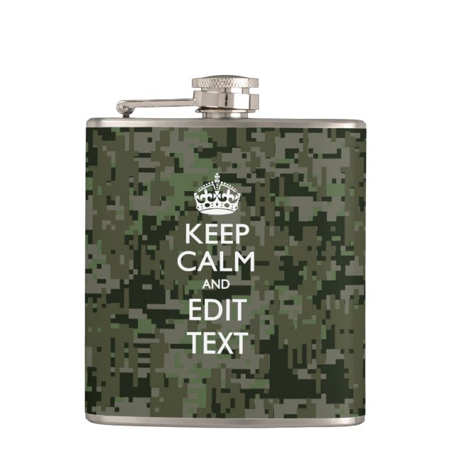 Your Own Text Digital Camo Woodland Keep Calm Flask (Front)