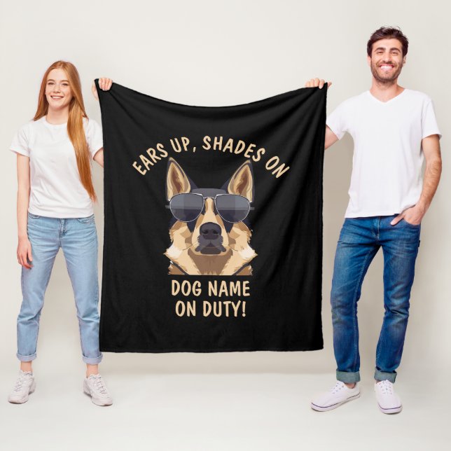 Your Own Text, Ears Up Shades On Dog Name On Duty Fleece Blanket (In Situ)