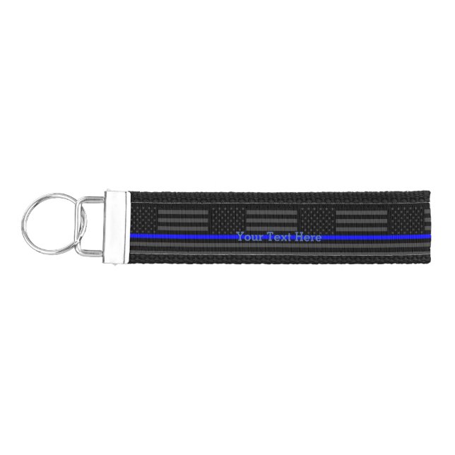 Your Own Text Thin Blue Line Custom Grey US Flag Wrist Keychain (Keys on Left)