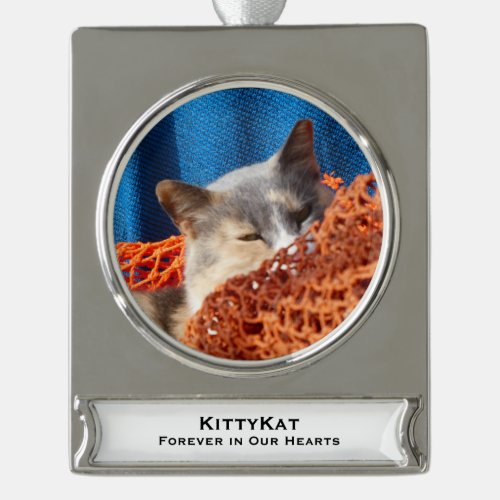 YOUR Pet Cat or Dog PHOTO Name Silver Plated Banner Ornament