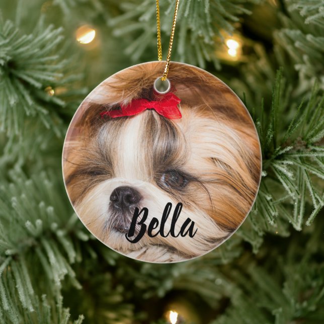 Your pet dog puppy custom photo and name ceramic ornament (Tree)