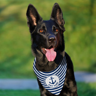 Your Pet Name Boat Anchor Navy Blue White Stripe Bandana Collar