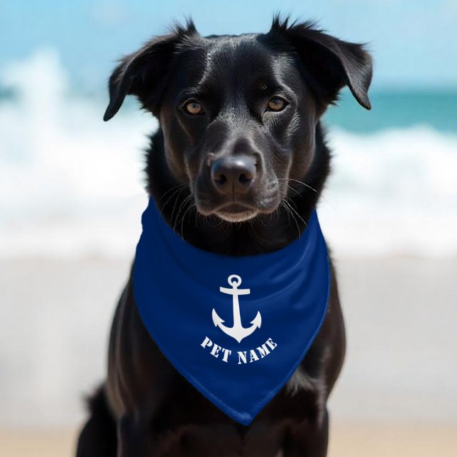 Your Pet Name Classic Nautical Boat Anchor Blue Pet Bandana Collar (Several sizes to choose from.)
