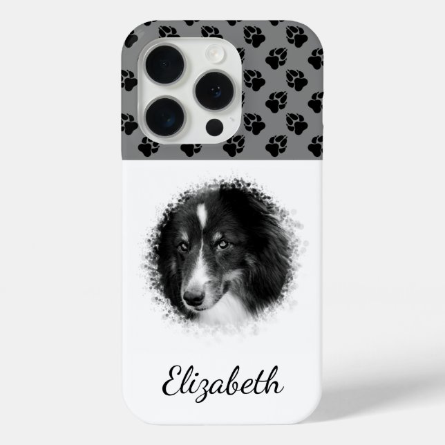 Your Pet Photo & Black Paws On Gray & Custom Name Case-Mate iPhone Case (Back)