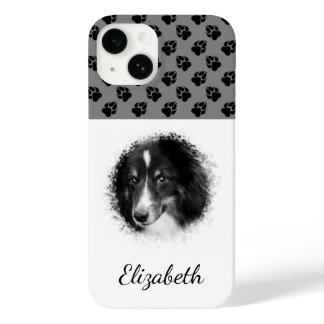 Your Pet Photo &amp; Black Paws On Gray &amp; Custom Name Case-Mate iPhone 14 Case