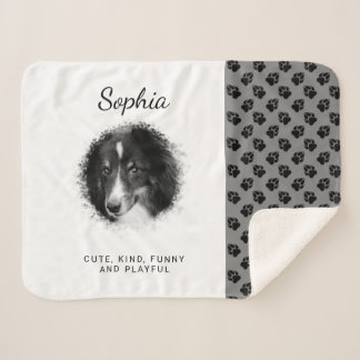 Your Pet Photo &amp; Black Paws On Gray &amp; Custom Text Sherpa Blanket