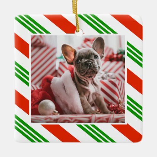 Your Pet Photo Red Green Candy Cane Striped Ceramic Ornament