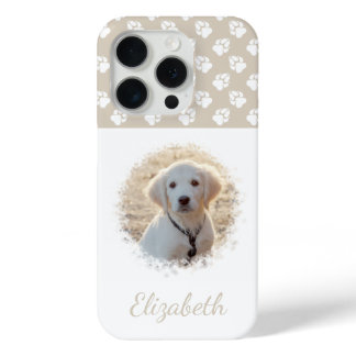 Your Pet Photo &amp; White Paws On Beige &amp; Custom Name iPhone 15 Pro Case