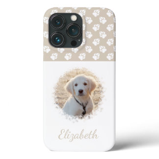 Your Pet Photo &amp; White Paws On Beige &amp; Custom Name iPhone 13 Pro Case