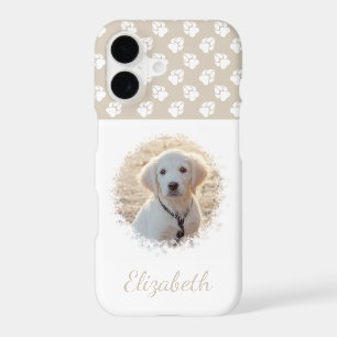 Your Pet Photo & White Paws On Beige & Custom Name iPhone 17 Case