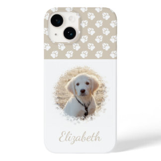 Your Pet Photo &amp; White Paws On Beige &amp; Custom Name Case-Mate iPhone 14 Case