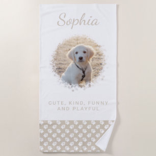 Your Pet Photo & White Paws On Beige & Custom Text Beach Towel