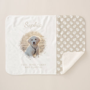 Your Pet Photo & White Paws On Beige & Custom Text Sherpa Blanket