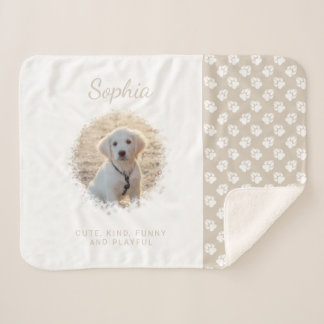 Your Pet Photo &amp; White Paws On Beige &amp; Custom Text Sherpa Blanket
