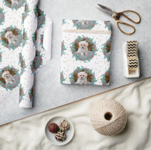 Your Pet's Photo in Christmas Wreaths Wrapping Paper