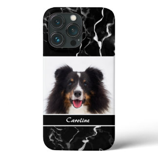 Your Pet's Photo On Faux Black Marble &amp; Name iPhone 13 Pro Case