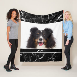 Your Pet's Photo On Faux Black Marble &amp; Name Fleece Blanket