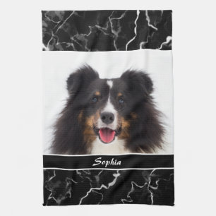 Your Pet's Photo On Faux Black Marble & Name Kitchen Towel