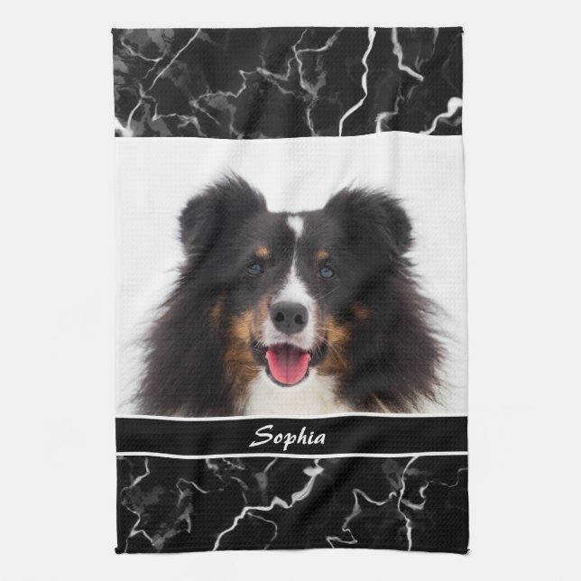 Your Pet's Photo On Faux Black Marble & Name Kitchen Towel (Vertical)