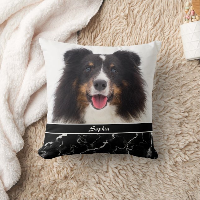 Your Pet's Photo On Faux Black Marble & Name Throw Pillow (Blanket)