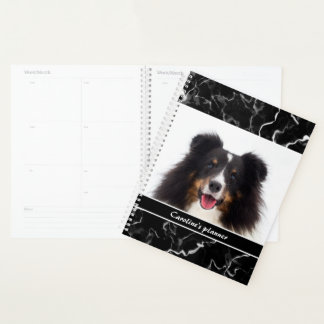 Your Pet's Photo On Faux Black Marble &amp; Text Planner