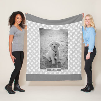 Your Pet's Photo On Gray With Paws &amp; Name Fleece Blanket