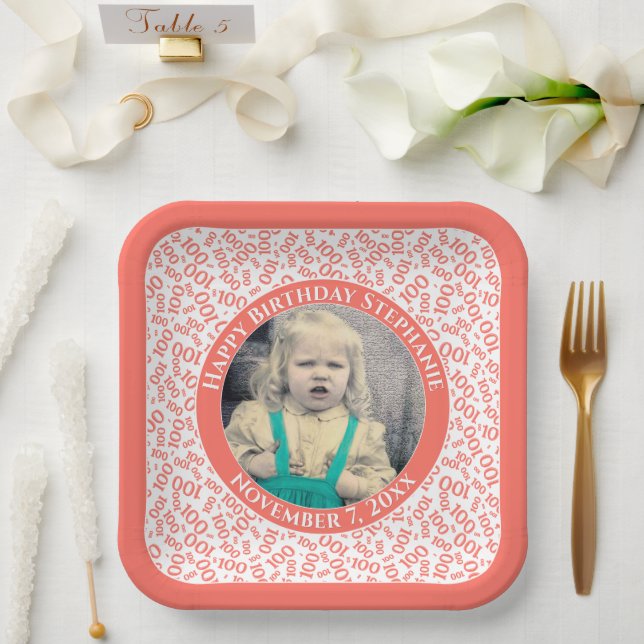 Your Photo 100 Random Number Pattern Coral/White  Paper Plates (Wedding)
