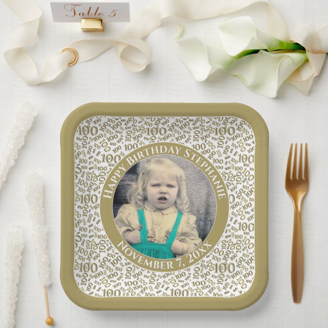 Your Photo 100 Random Number Pattern Gold/white  Paper Plates (Wedding)
