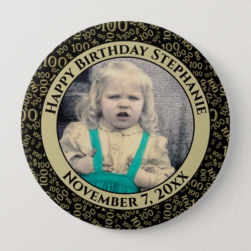 Your Photo 100th Birthday Number Pattern  Black Button