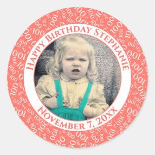 Your Photo 100th Birthday Number Pattern Coral Classic Round Sticker