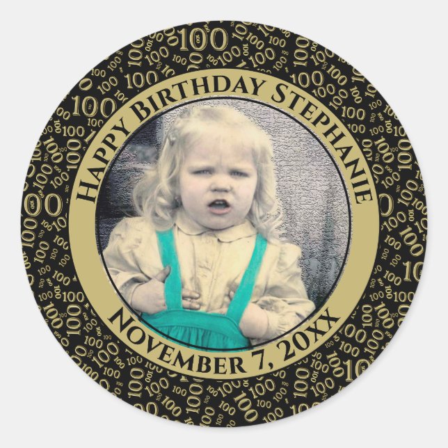 Your Photo 100th Birthday Pattern | Black/Gold Classic Round Sticker (Front)