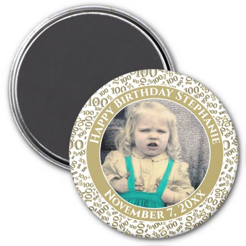 Your Photo 100th Birthday Pattern GoldWhite Magnet