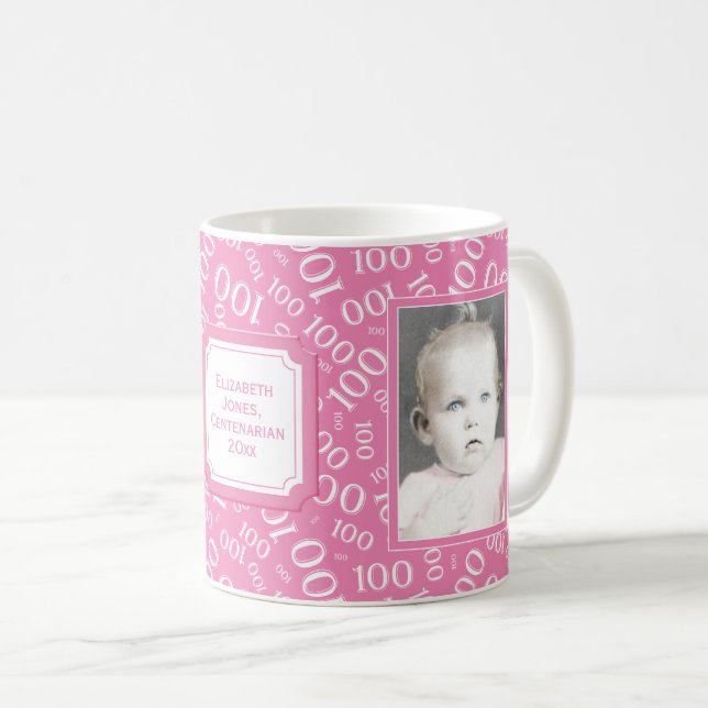 Your Photo 100th Birthday Pink Number Pattern Coffee Mug (Front Right)