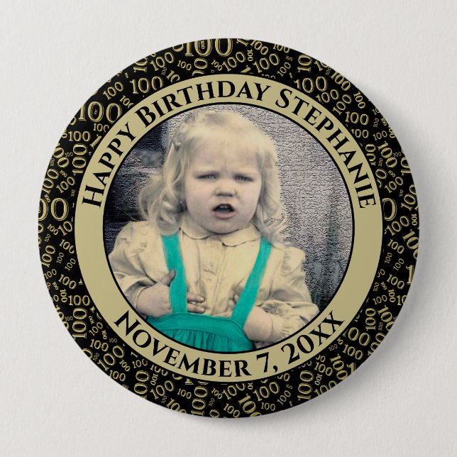 Your Photo 100th Number Pattern Black/Gold Button (Front)