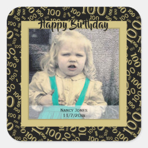 Your Photo: 100th Number Pattern Black/Gold Square Sticker