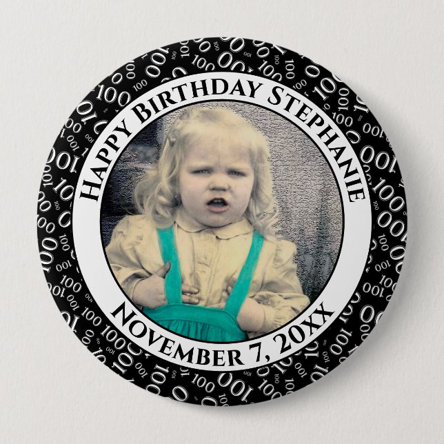Your Photo 100th Number Pattern Black/White Button (Front)